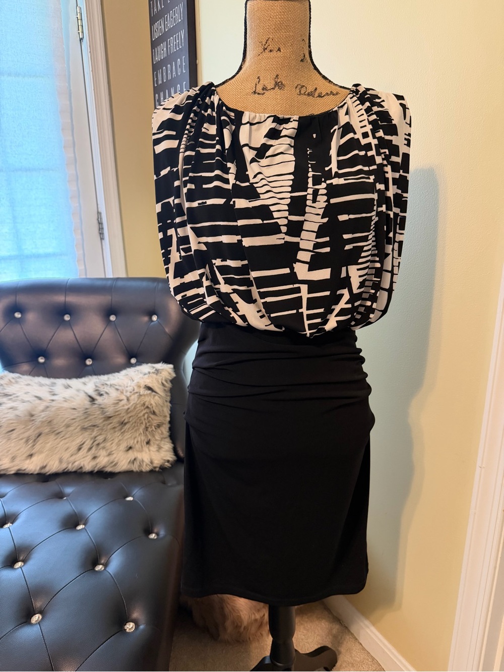 Valerie Bertinelli Black and White Printed Pencil Skirt Dress
